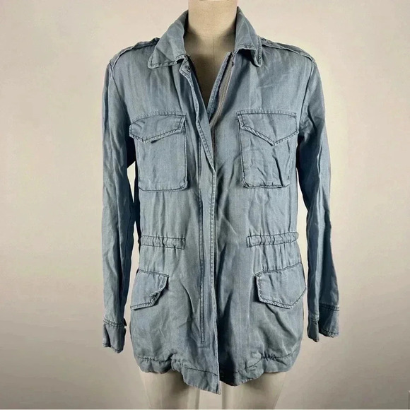 ❤️ BB Dakota Blue  Chambray Denim Hooded Jacket Sz XS Tencel Lightweight Cinched - Picture 2 of 10